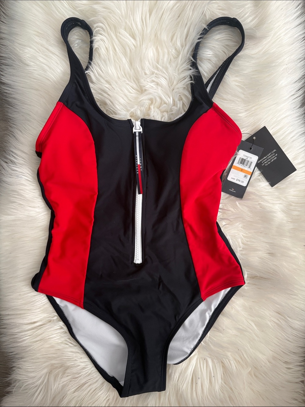 Tommy Hilfiger Navy Blue  and Red Front-Zip One-Piece Swimsuit